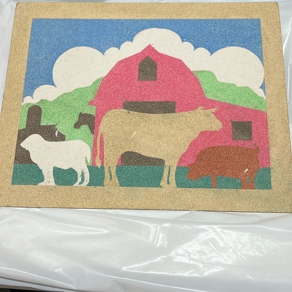 Vintage Barnyard Animals Sand Art Board Farmhouse Decor Cow Horse Pig Goat